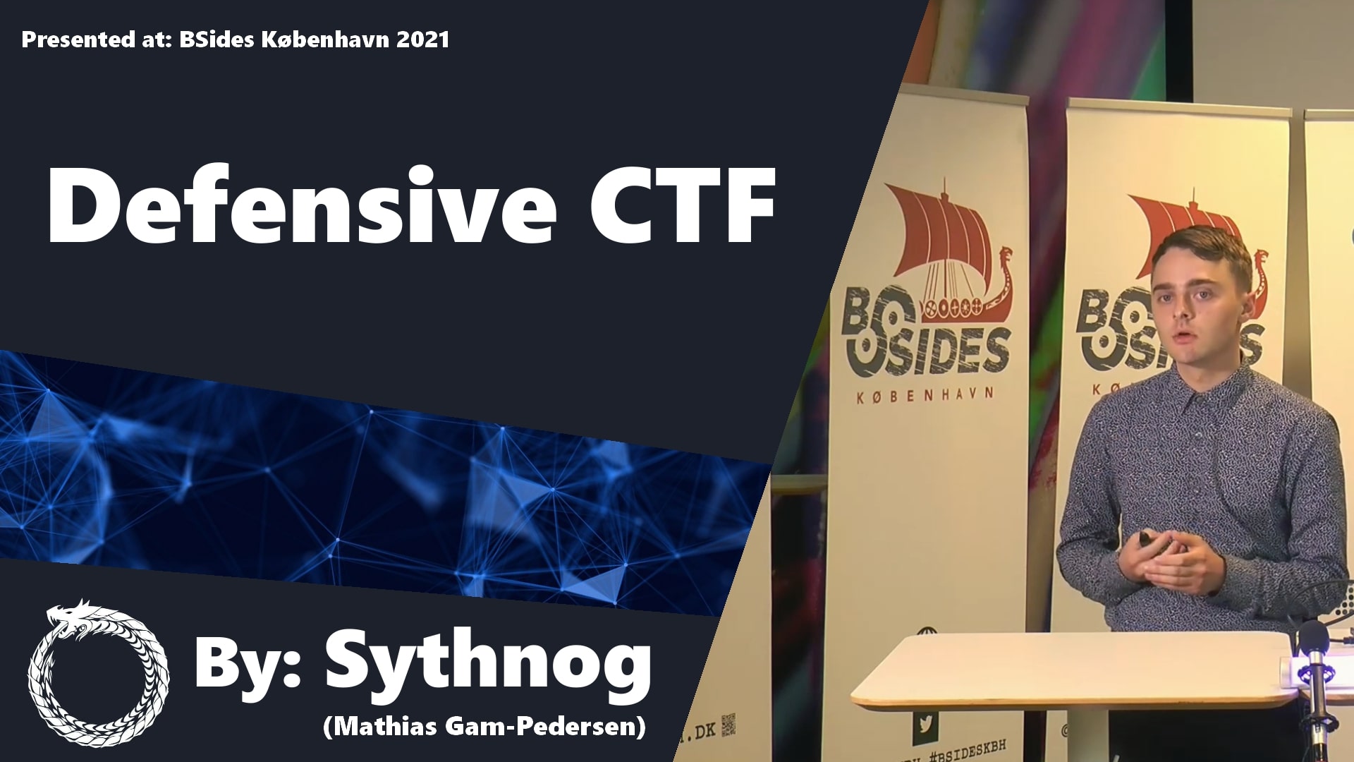 Image of the talk title "Defensive CTF" and me presenting the talk.