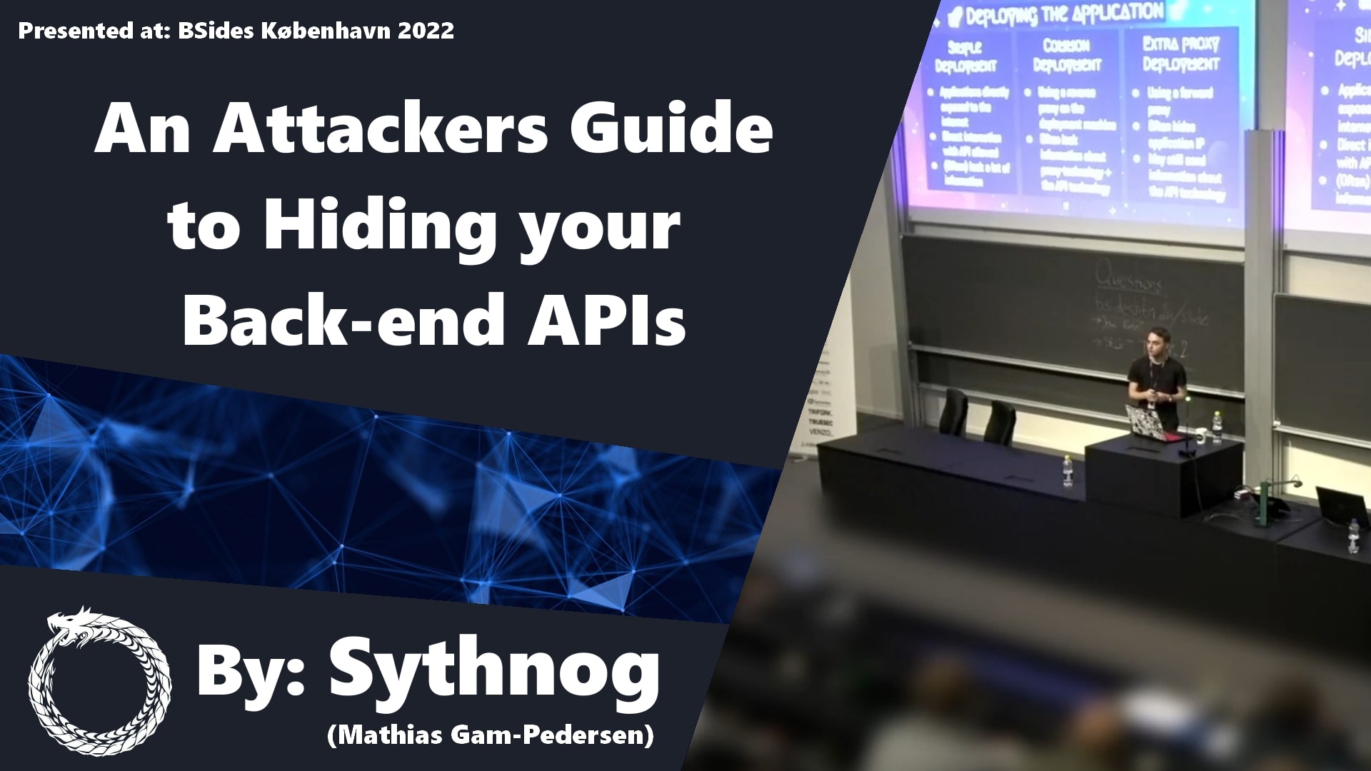 Image of the talk title "An Attackers Guide to Hiding your Back-end APIs" and me presenting the talk.